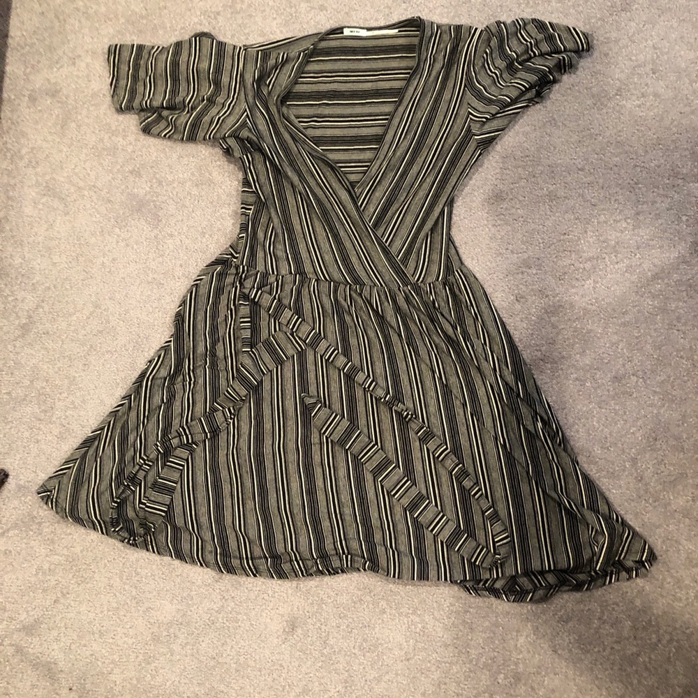 Black and white striped short sleeve wrap dress